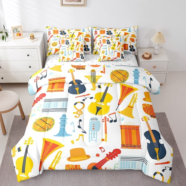 Ensemble de Literie « Bed in a Bag » Instruments à Cordes, Taille Très Grand, Ensemble de Couette 7 Pcs, Ensembles de Literie Batterie, Ensemble de Draps à Thème Musique Mode avec Couette, Ensemble de Lit Coloré Violoncelle Pop Rock