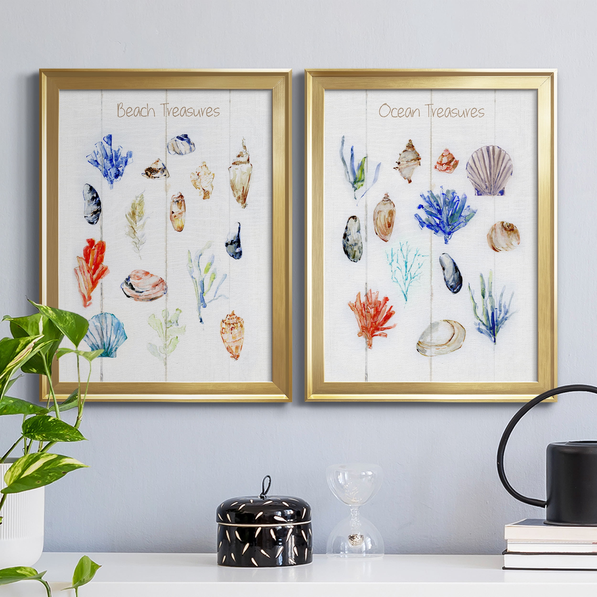 2 Piece Set Beach Treasures Premium Framed Canvas - Ready to Hang - 18.5 x 24.5 Each - Gold Frame