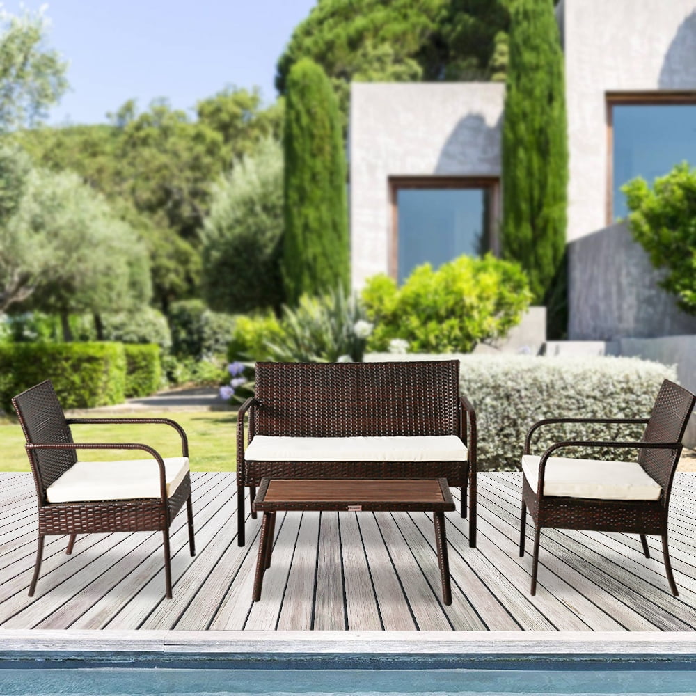 Outdoor Patio Furniture Sets, 4 Piece Wicker Patio Set with Wood Coffee