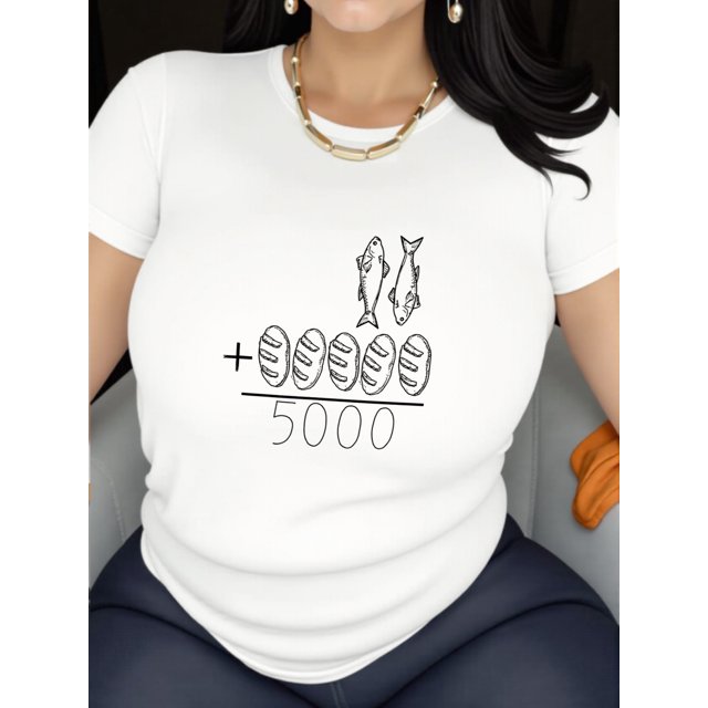 Women's Short-Sleeve Round-Neck T-Shirt Featuring A Casual Cartoon Print of Sardines and Bread, Designed for Active Wear TEE TOP
