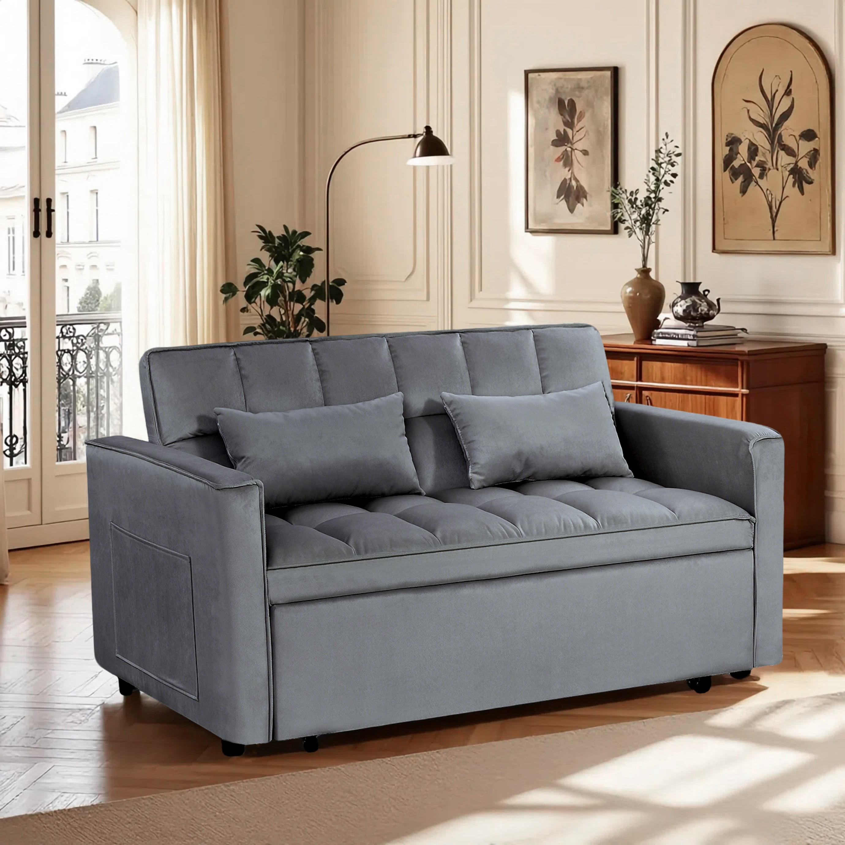 BSHTI 54" Pull-Out Sleeper Sofa Bed, Twin Size with Solid Wood Frame, 3-Position Reclining Back, Velvet Upholstery with Piping, Side Pocket Storage, 2 Pillows Included,Dark grey