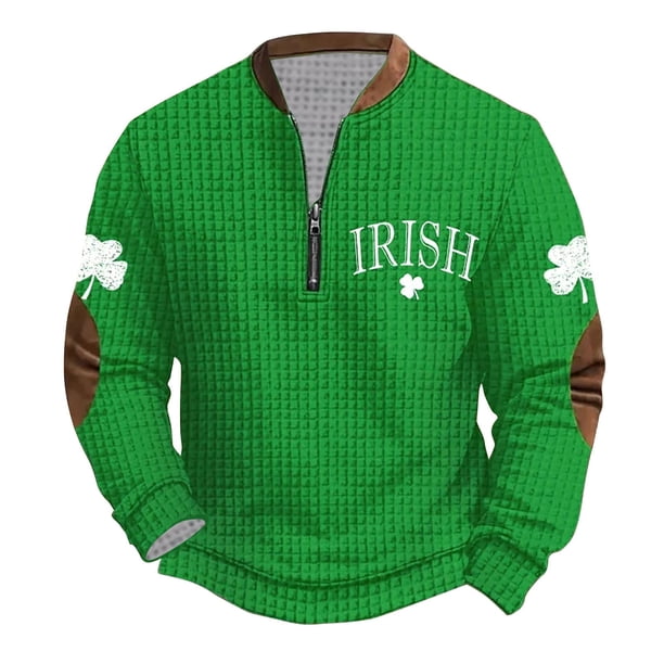 Penkiiy Día de San Patricio de hombre 1/4 Sweatshirt de cuello cremallera Shamrock Camisa irlandesa de manga larga S Multicolor