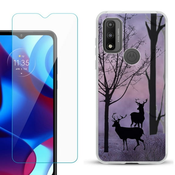 Slim-Fit Gel TPU Phone Case for Motorola Moto G Pure, with Tempered Glass Screen Protector, by OneToughShield ® - Forest/Deer/Twilight