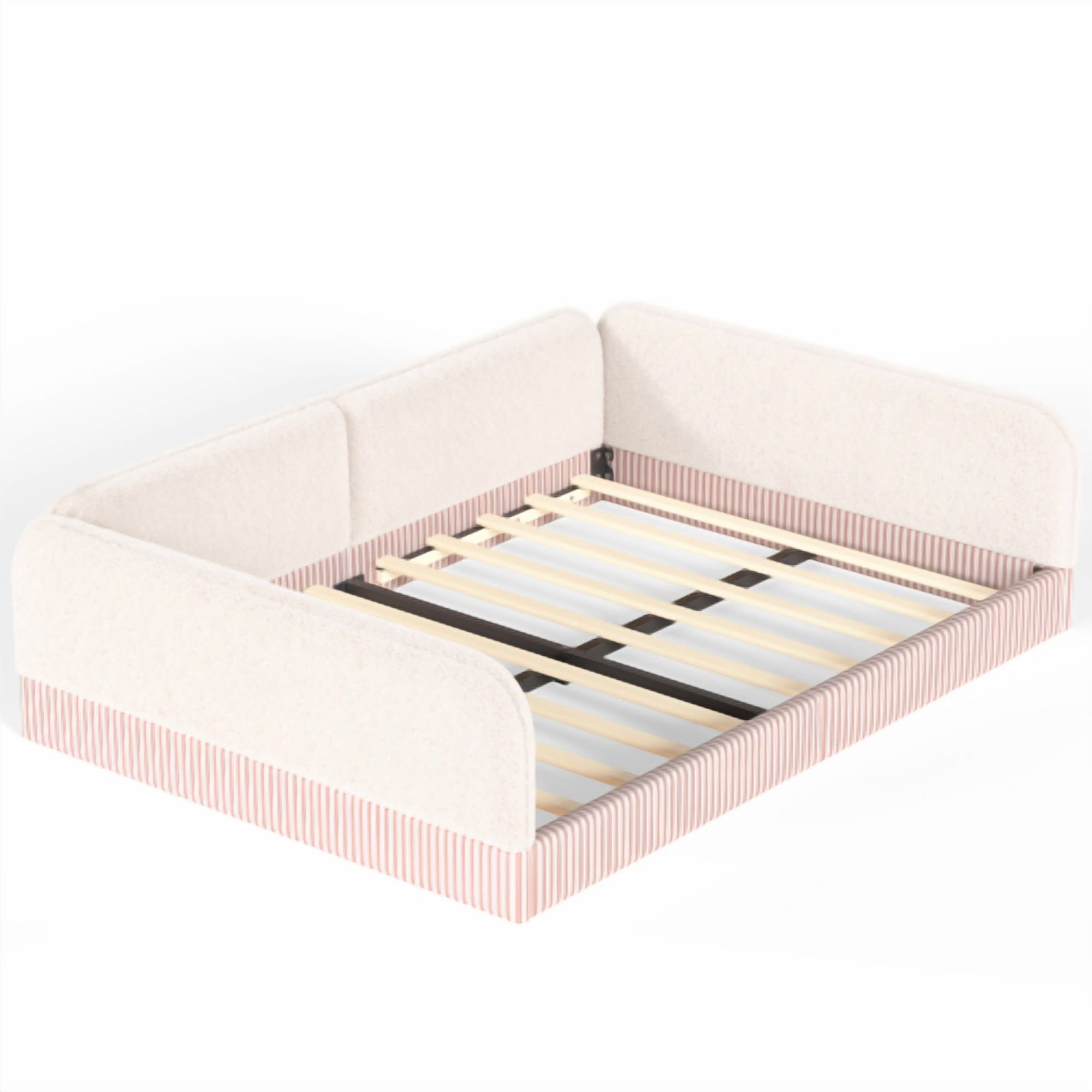 Queen Size Upholstered Teddy Fleece Floor Bed Frame, Half-Enclosed Montessori Low Profile Platform Bed with Full-Perimeter Guardrails for Kids, Beige