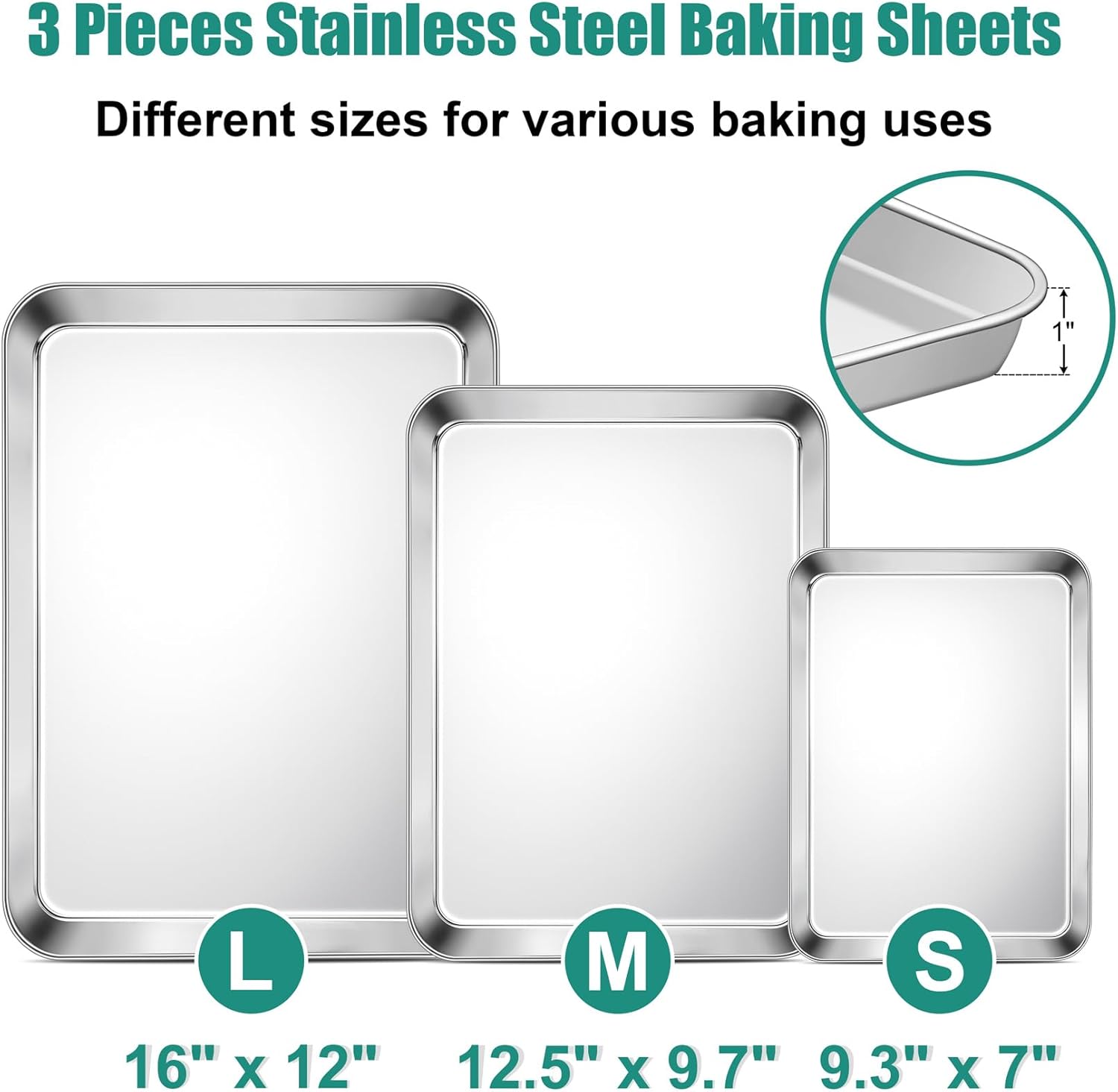 Baking Sheet Set of 3, 16/12.5/9.3 Inch Stainless Steel Cookie Sheets Baking Pans, Metal Oven Baking Tray for Cooking Roasting Serving, Non-Toxic & Mirror Finish & Dishwasher Safe