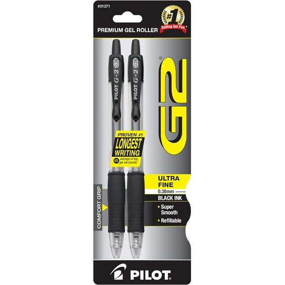 Pilot G2 Premium Gel Roller Pens, Ultra Fine Point 0.38 Mm, Black Ink, 2 Ea..