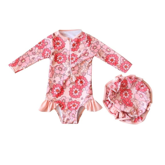 Xfvqtps Infant Toddler Child Girls One Piece Swimsuit with Hat Ruffle Hemt Front Zipper Long Sleeve Flower Print Cute Sweet Sun Protection Beach Bathing Suits Swimwear for 1-6 Years Pink