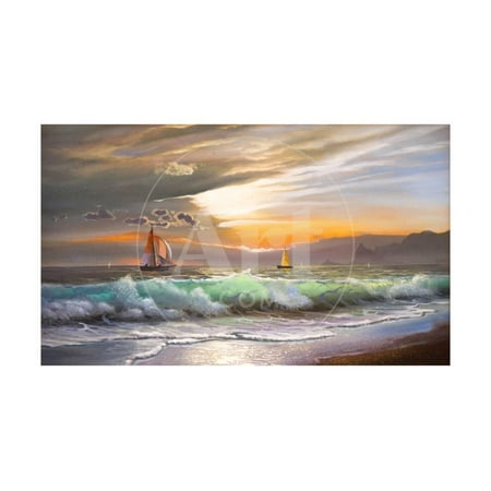 Wax Seal Sailboat - Oil Painting On Canvas , Sailboat Against A Background Of Sea Sunset Ocean Coast Painting Print Wall Art By Lilun