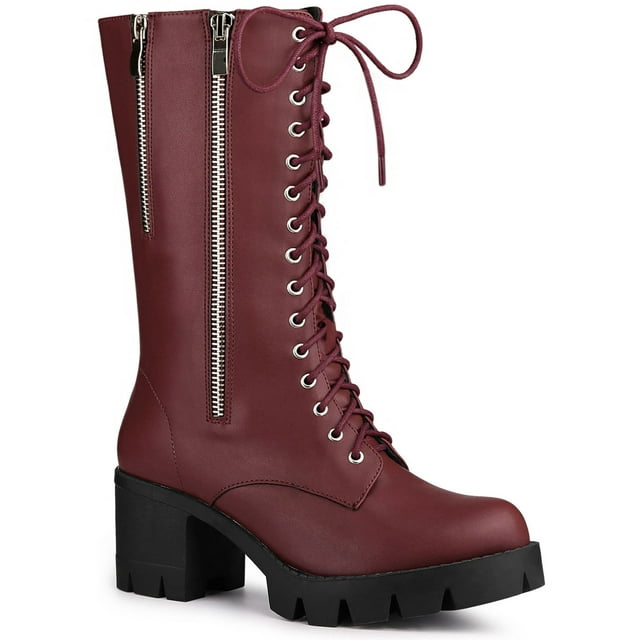 Unique Bargains Bottes de Combat Mi-Mollet à Plateforme à Lacets à Talons Épais pour Femmes