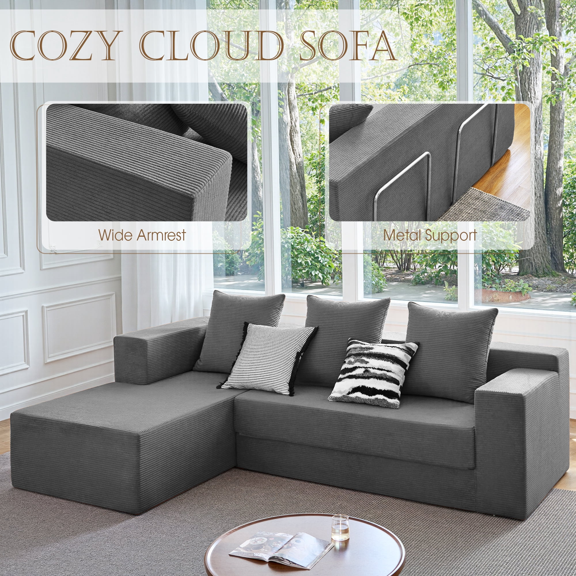 YINIX 106.5" Modular Sectional Sofa for Living Room , Cloud L-Shaped Sofa Couch with Deep Seating Upholstered, Gray