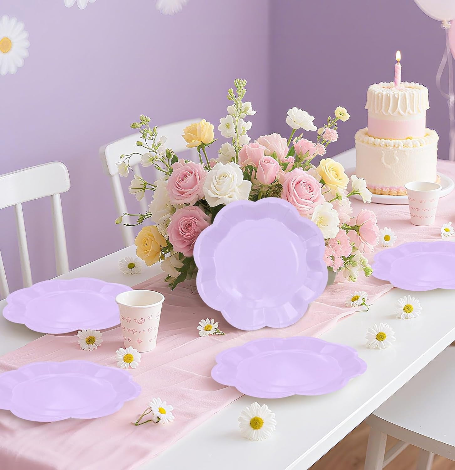 50 PCS Light purple Paper Plates 7 Inch Scalloped Dessert Plates Lavender Disposable Plate for Party Dinner Wedding Baby Shower Birthday Purple Cake Plate