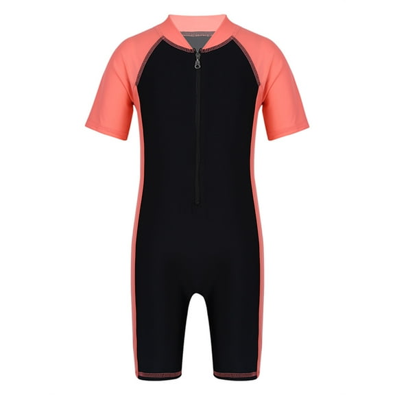 Miaeowve Kids Girls Boys One Piece Swimsuit Short Sleeve Rashguard Zipper Front Color Block Bathing Suit Swimwear Watermelon Red&Black 10