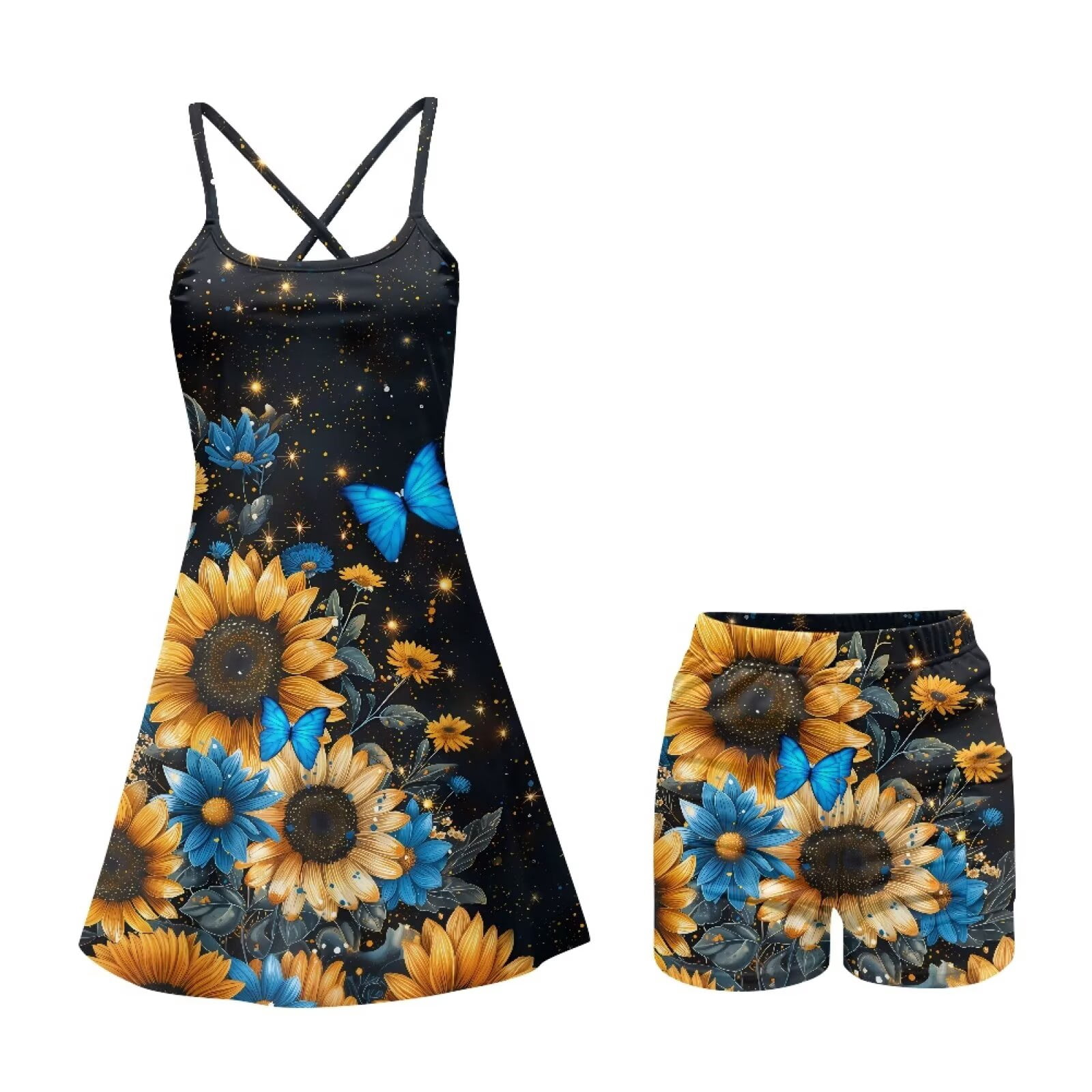 Yuyamidu Sunflowers Women's Athletic Tennis Dress with Built in Shorts, Blue Butterfly A-line Workout Exercise Active Golf Dresses Size XL