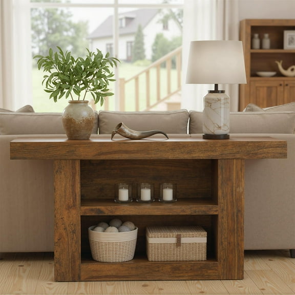 63-Inch Rustic Brown Console Table With Storage, 3-Tier Farmhouse Entryway Table, Narrow Sofa Table Behind Couch With U-Shaped Base For Hallway, Living Room Foyer, Wooden Furniture