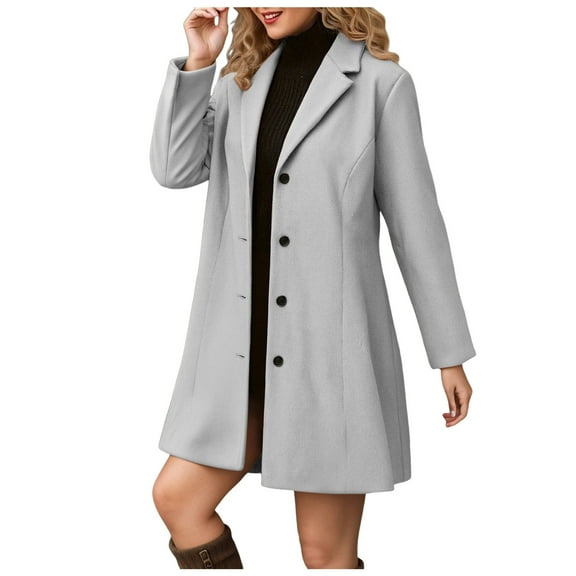 Duqingm Winter Coat Women Elegant Notched Collar Double Breasted Wool Blend Over Coat Light Gray,XL