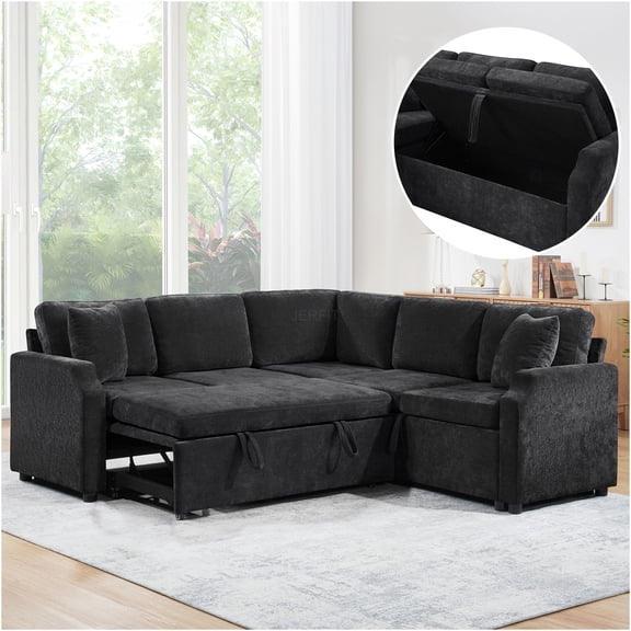 JERFIT Modern L-Shaped Sectional Sofa Bed with Pull-Out Sleeper, Hidden Storage, and Soft Chenille Upholstery for Living Room, Apartment