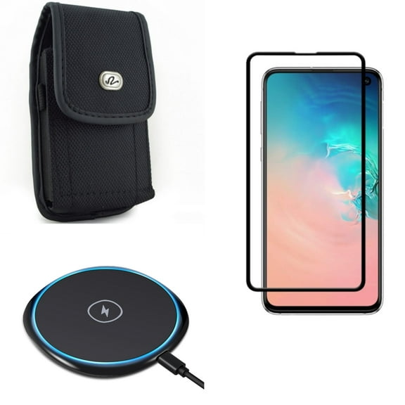 Galaxy S10e Case Belt Clip w Wireless Charger w Screen Protector - Rugged Holster Canvas, Fast 7.5W and 10W Charging Pad, Tempered Glass 5D Curved Edge for Samsung Galaxy S10e Phone
