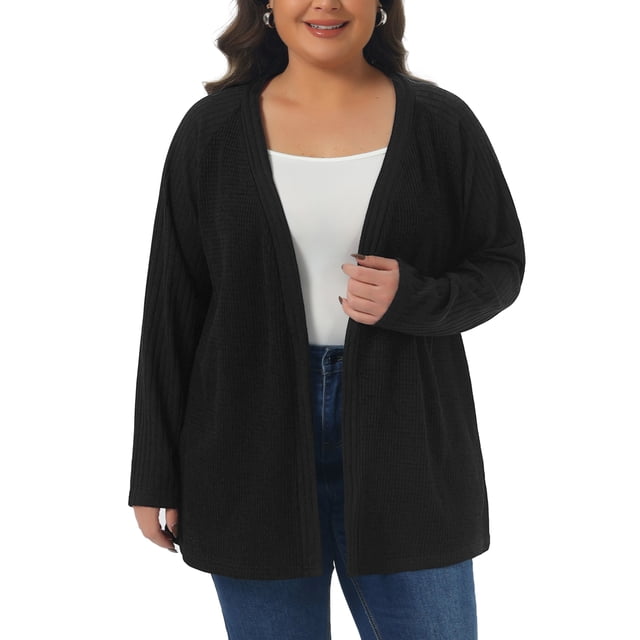 Suéteres de talla grande para mujer Agnes Orinda, de manga larga, casuales, sueltos, cárdigans de punto abiertos 2X en negro