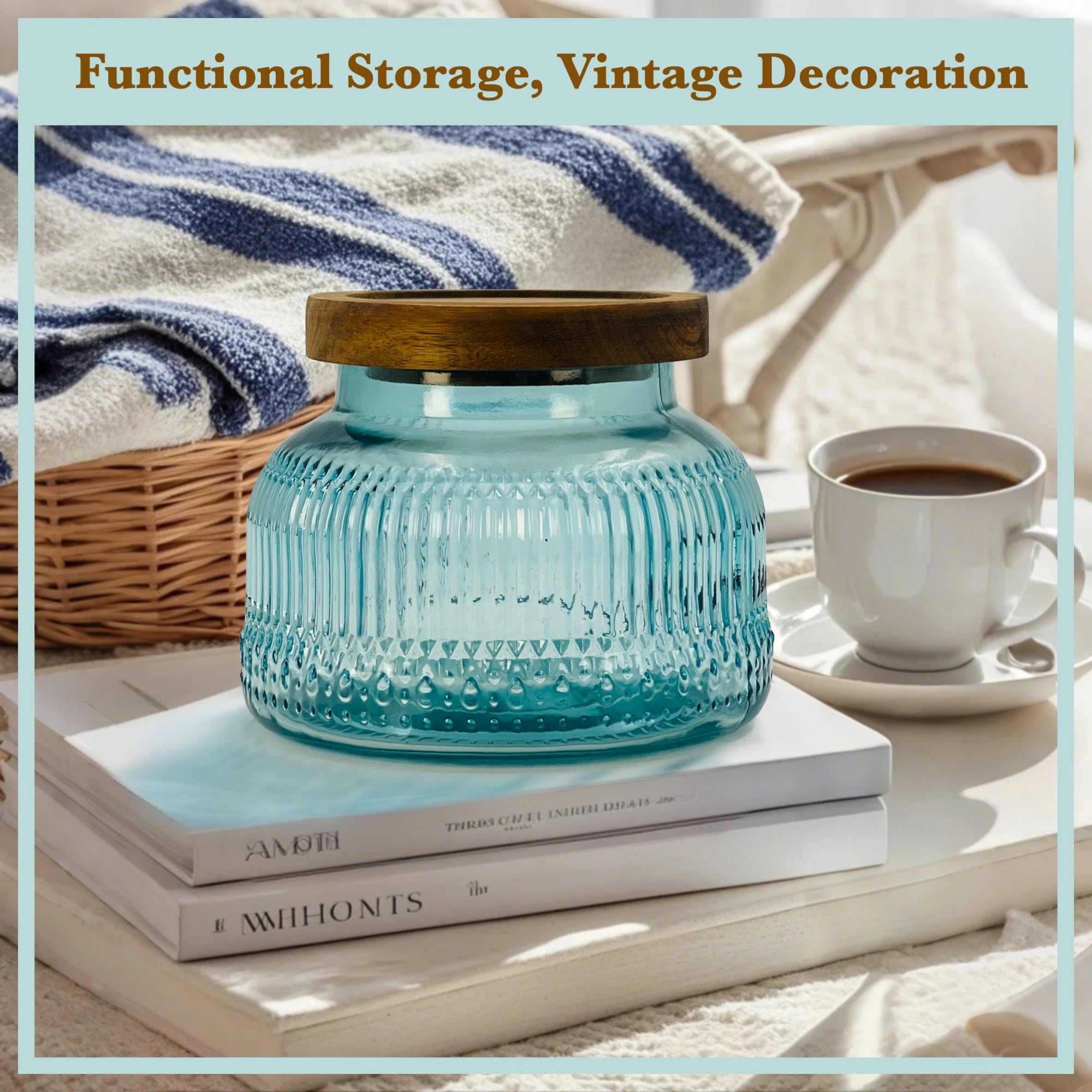 Lingshine 24.5 oz Decorative Glass Jars with Airtight Wooden Lids - Blue Ribbed, Vintage Kitchen Food Storage Containers for Cookie Candy Spice Coffee Tea, Home Decor Candle Vase