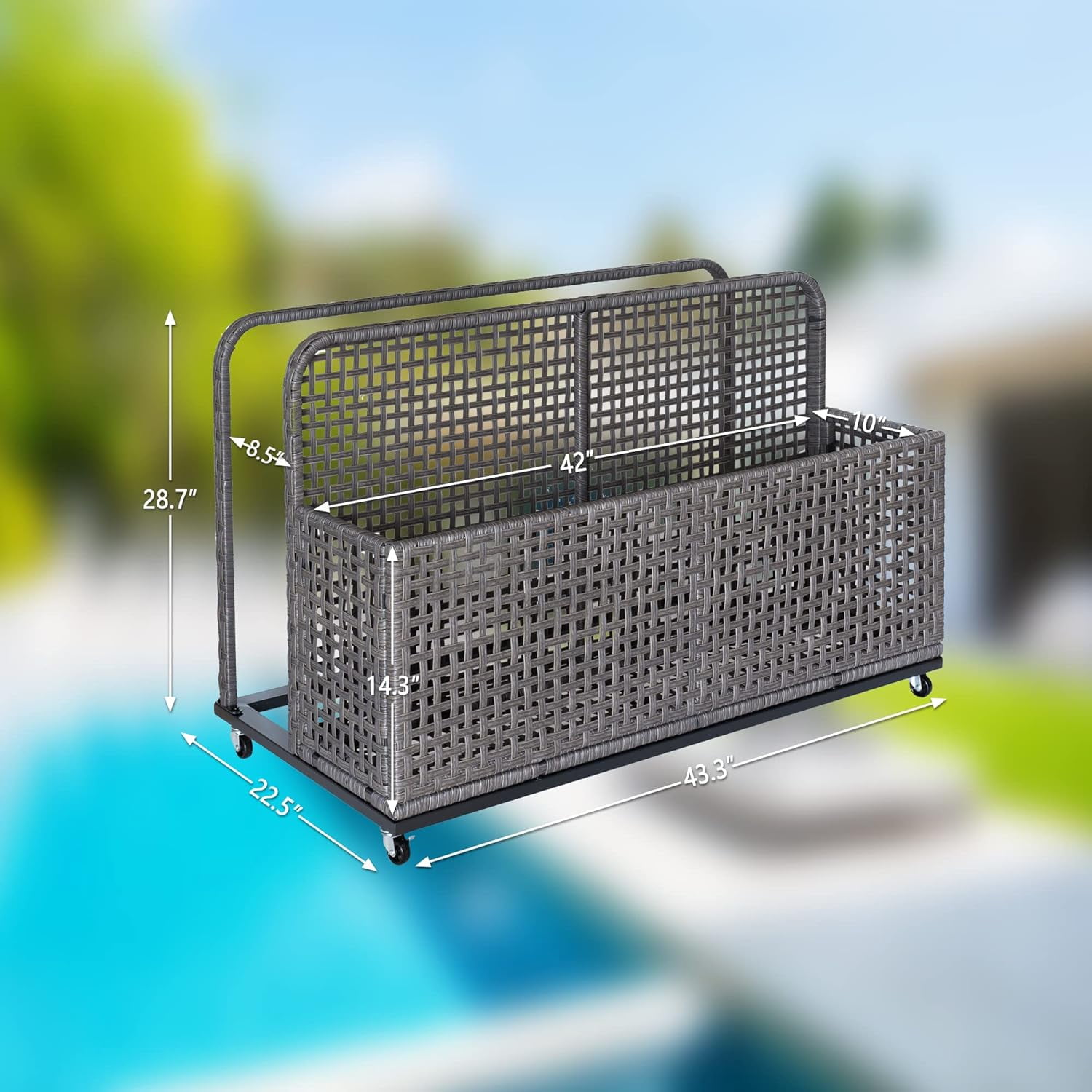 AOILE Poolside Storage with Rolling Wheels, PE & Iron Outdoor Storage Toy Rack for Poolsides, Patios, Gardens, Waterproof, Weather Resistant and Easy Mobility, Grey