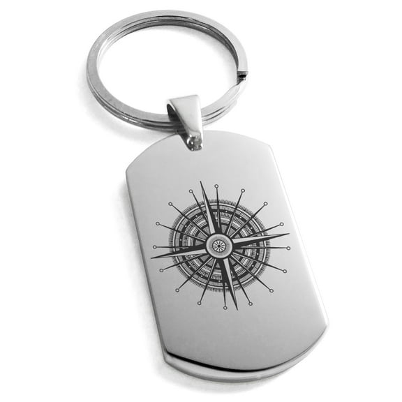 Tioneer Stainless Steel Nautical Needle Dial Compass Engraved Dog Tag Keychain Keyring