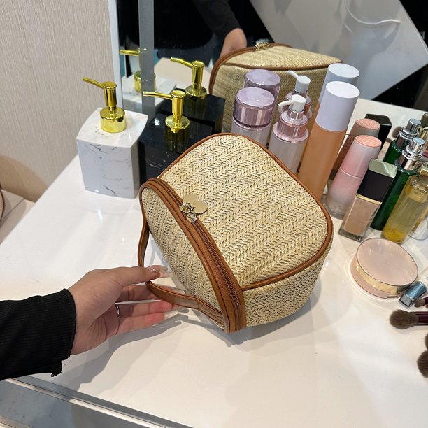 Bolso de cosméticos para mujer, organizador de bolsas de ducha portátil tejida a mano informal (Caqui S)