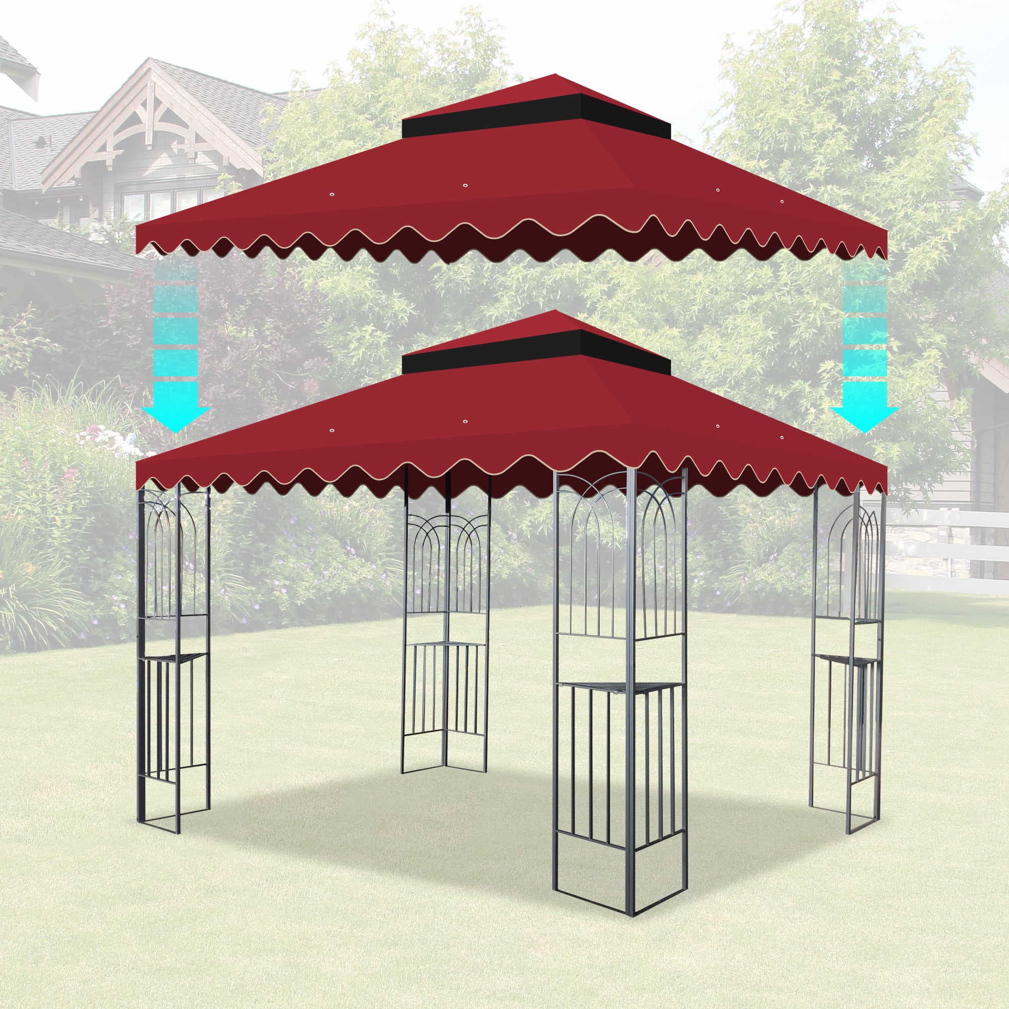 Coowa 10'x10' Replacement Gazebo Canopy, Double Tiered Waterproof Roof Cover with Wavy Border (Frame Not Included) for Outdoor Gazebo for Backyard, Patio, Red