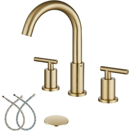 

Brushed Gold 3 Hole Widespread Bathroom Sink Faucet Modern 2 Handle Brass Valve Mixer Tap for Sink 8 Inch Laundry Basin Vanity Faucet with Water Supply Hose and Pop Up Drain Stopper Assembly
