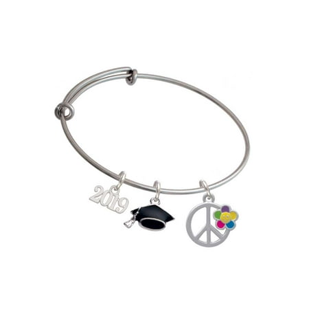 - Silvertone Large Multicolored Daisy on Peace Sign - 2019 Graduation Charm Bangle Bracelet