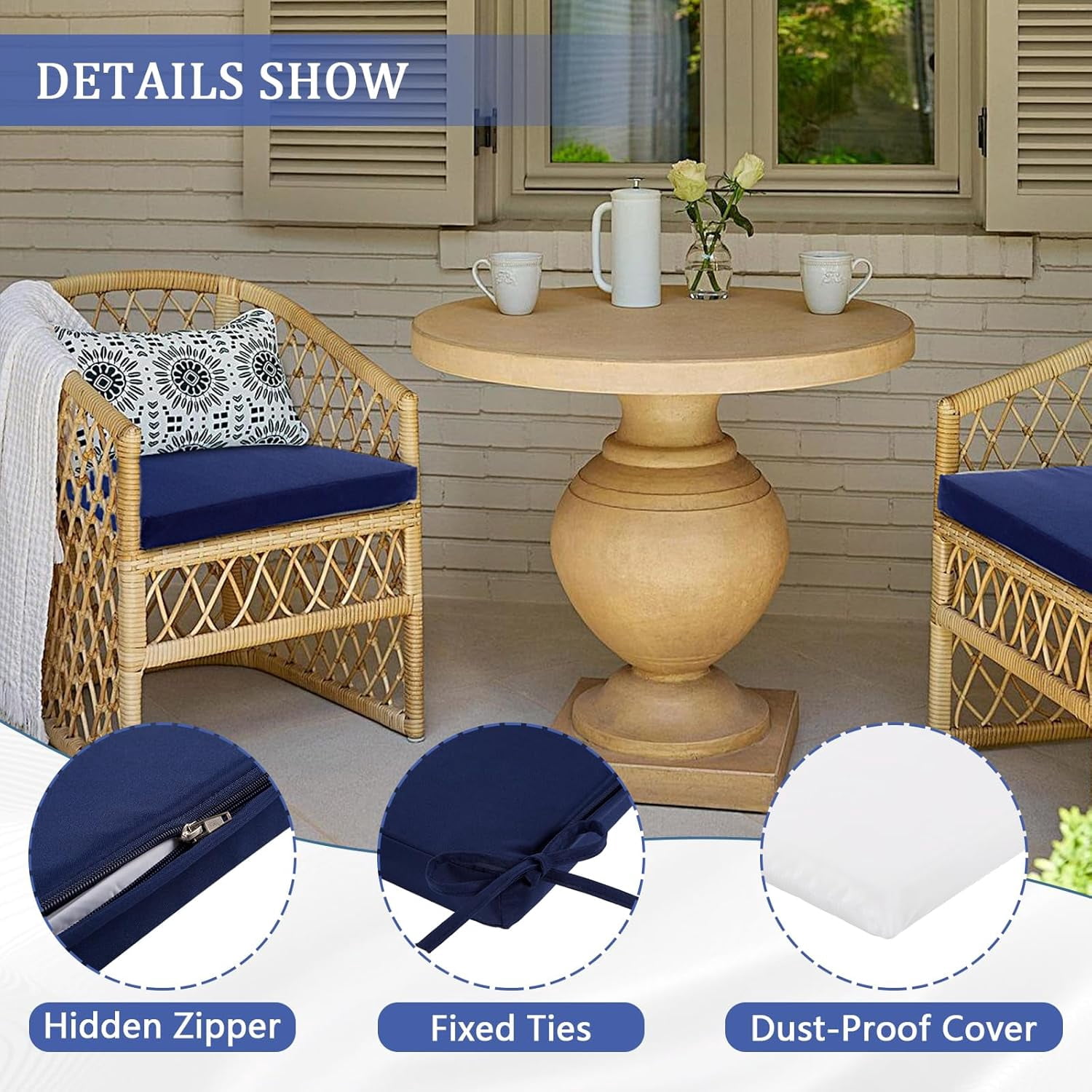 Patio Chair Cushions Set of 4, Outdoor Seat Cushions for Patio Furniture 19 x 19 Inch, Indoor Square Corner Dining Chair Pads Set with Ties and Inner Dust Cover, (Dark Blue)