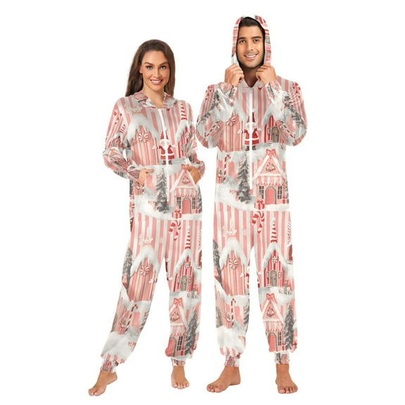 FORMRS Onesies Pajama for Adults Unisex Hoodie Winter Jumpsuit One Piece Sleepwear, Sizes S-2XL, Light Pink Gingerbread Houses