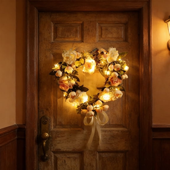 Artificial Flower Wreath with LED Lights for Front Door Decor, Wedding, Wall Hanging, Durable Plastic, Romantic Satin Ribbon Accent White