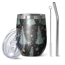 12oz Stemless Wine Tumblers Black Christmas Tree Pattern Vacuum Insulated Stainless Steel Travel Tumbler Cups Mug with Lid and Straw for Champaign,Cocktail,Beer with Cleaning Brush