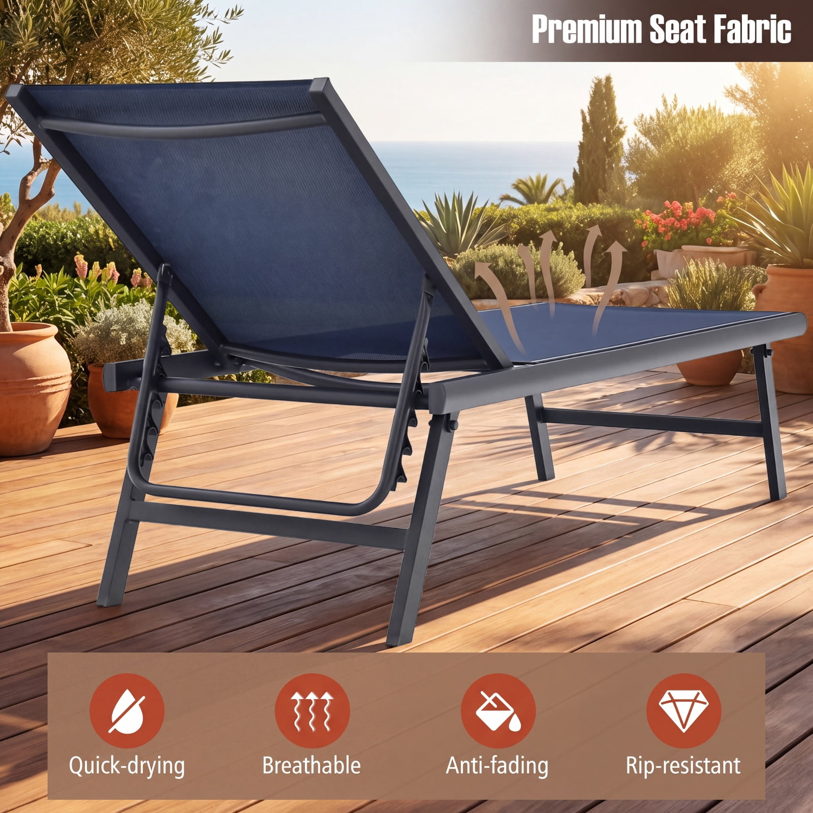 Furnibear 3 Piece Patio Chaise Lounge Set of 2 with Adjustable Backrest Aluminum Frame Breathable Seat and DPC Side Table for Poolside Yard, Navy