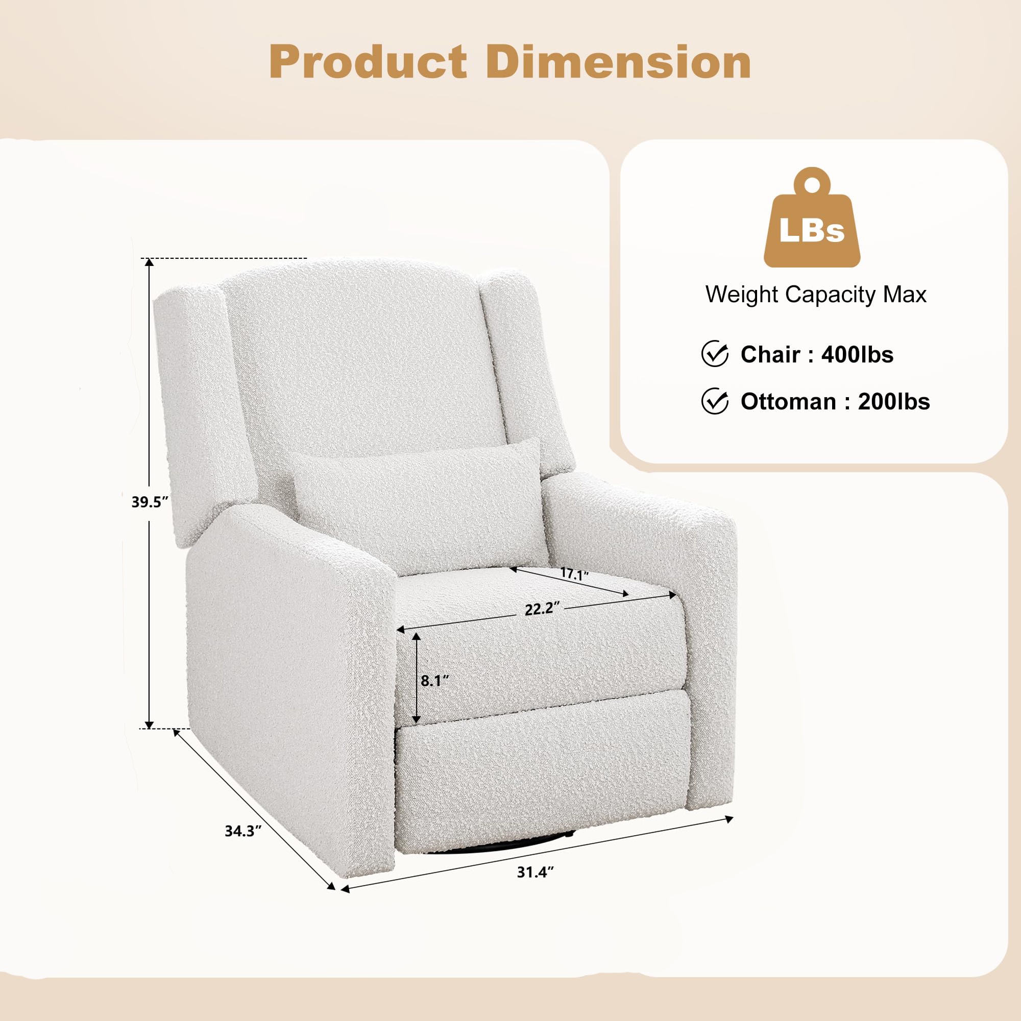 JULY'S SONG Power Swivel Gilder Rocker Recliner Chair for Adults, Skin-Friendly Nursery Rocking Chairs in Living Room with Waist Pillow, USB Charging, Beige