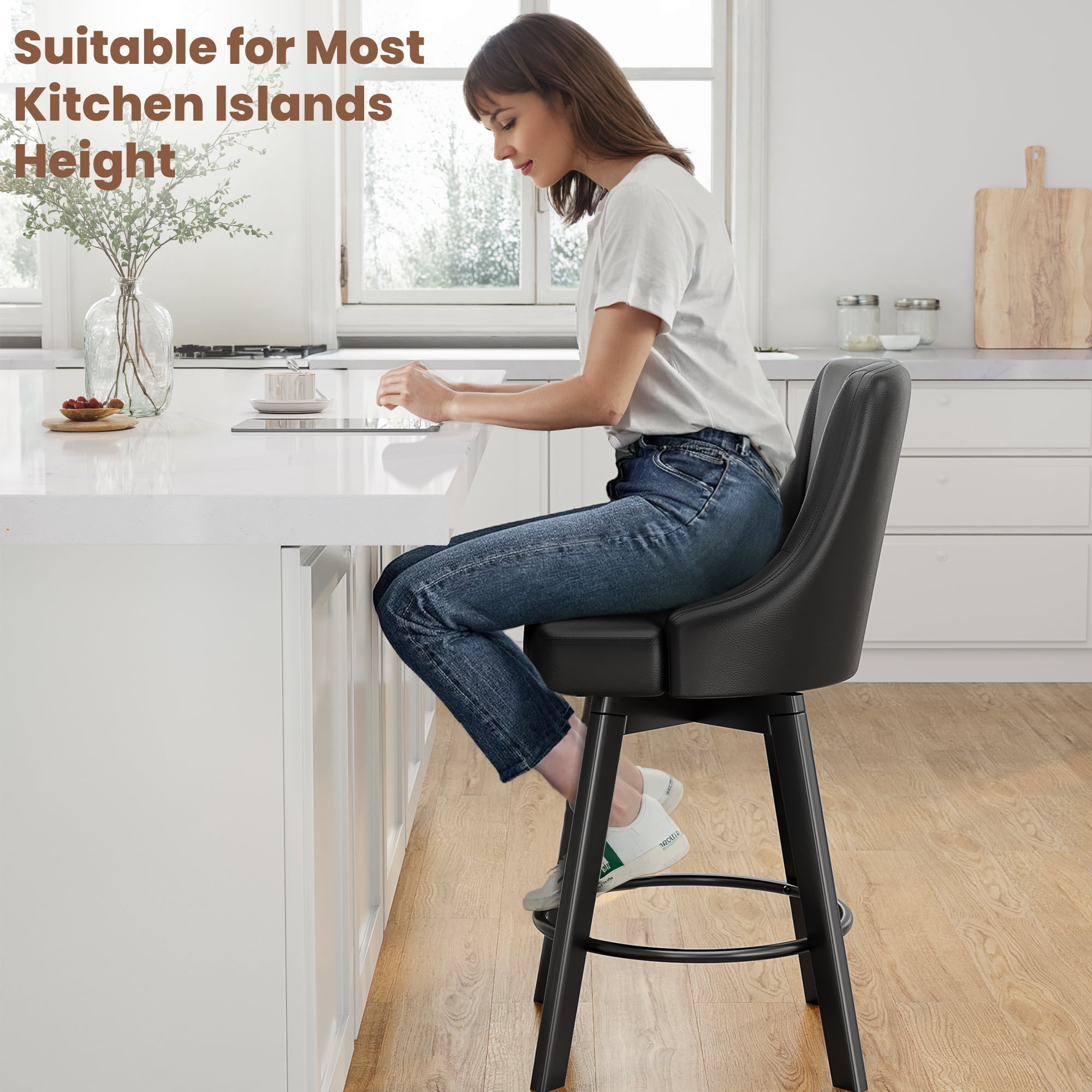 LainTene 24" Counter Height Swivel Bar Stools Set of 6, PU Leather Upholstered Counter Barstools with Solid Wood Legs and Backs for Kitchen Island, Home Bar