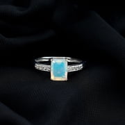 Rosec Jewels Natural Ethiopian Opal Emerald Cut Engagement Ring 2 Carat - Opal Diamond Ring - AAA Quality - with Jewelry Box, 925 Sterling Silver, US 4.00