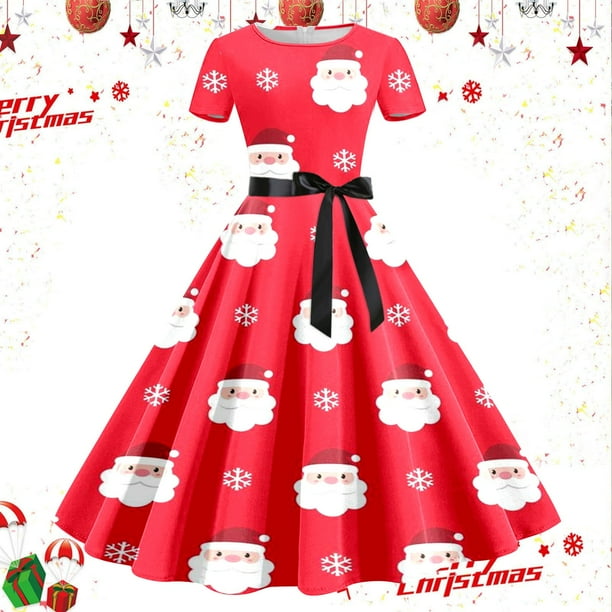 Vestidos Casuales Para Mujer, Vestido de Fiesta de Noche de Manga Corta Con Estampado Navideño de Los Años 50