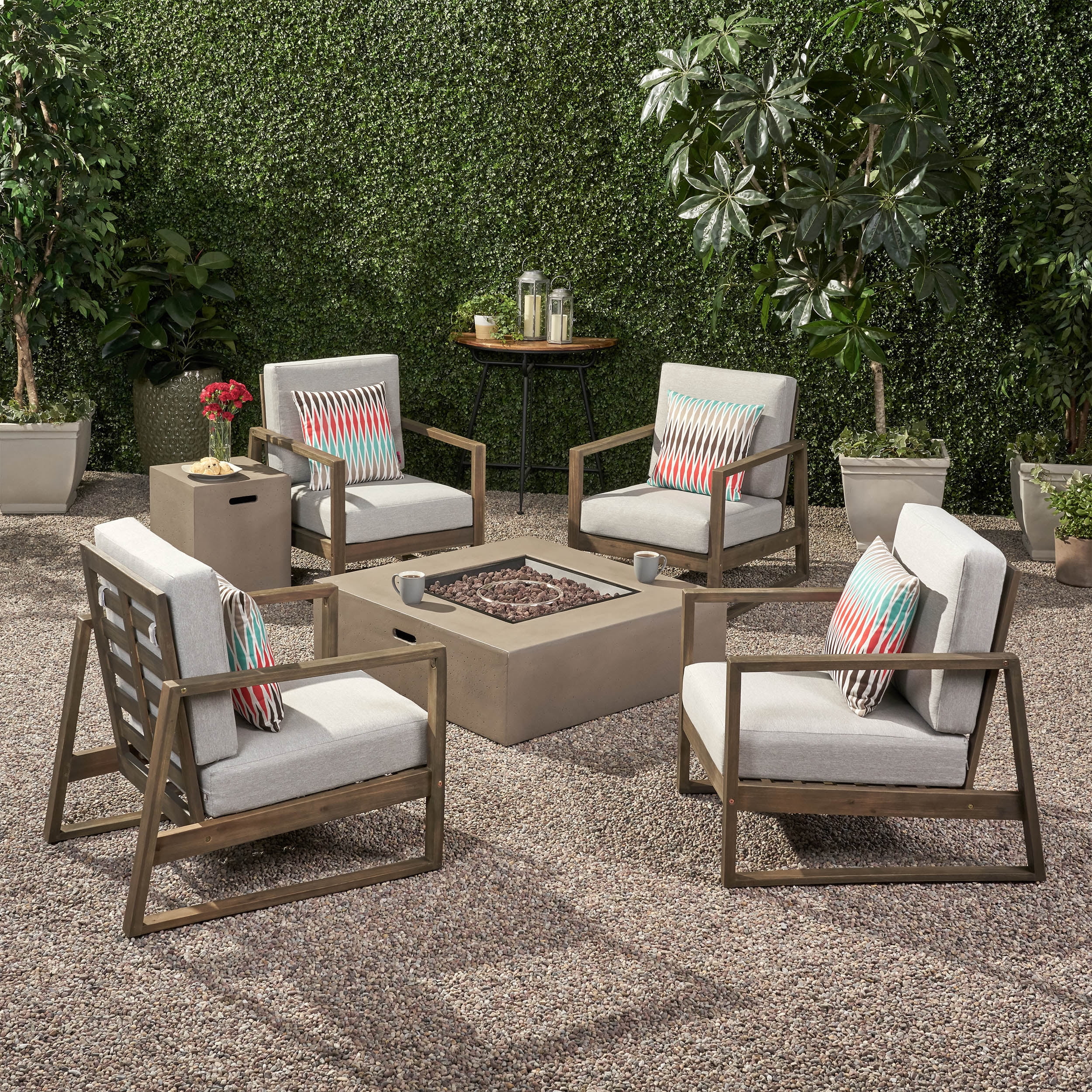 Noble House 5-Piece Acacia Wood Water Resistant Outdoor Chat Sets with Fire Pit, Gray/Light Gray