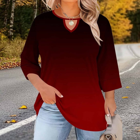 LEKWK 3/4 Sleeve Tops for Women Regular Fit Keyhole Neck 3/4 Sleeve Tops Regular Fit Gradient Ombre Casual Tops Casual Tunic Length office Work Outfits