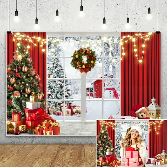 SUNOLIFE Happy Christmas Backdrop Banner Winter Photo Background Banner 7x5ft