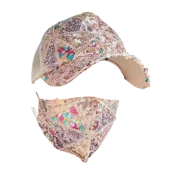 Gorra de béisbol con lentejuelas brillantes y conjunto de cubrebocas de malla transpirable, sombrero para el sol ajustable para viajes y actividades al aire libre, accesorio de moda.