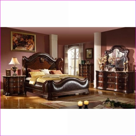 Bedroom Set Queen 5-Piece Traditional Dark Walnut Brown Wood | Wood | Wingback Beds