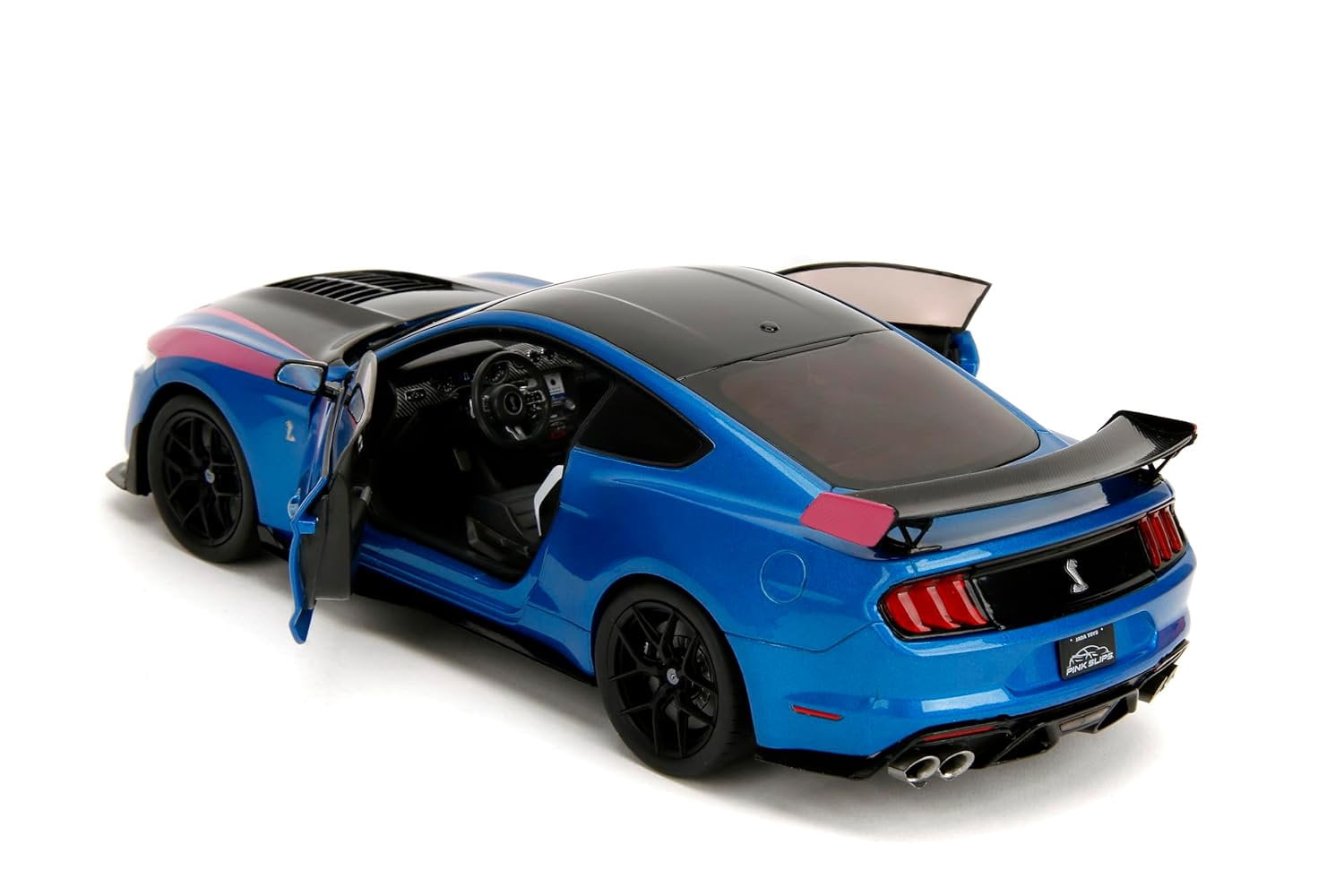 Ford Mustang Shelby GT500 Blue Metallic with Pink Stripes and Black Hood and Top "Pink Slips" Series 1/18 Diecast Model Car by Jada