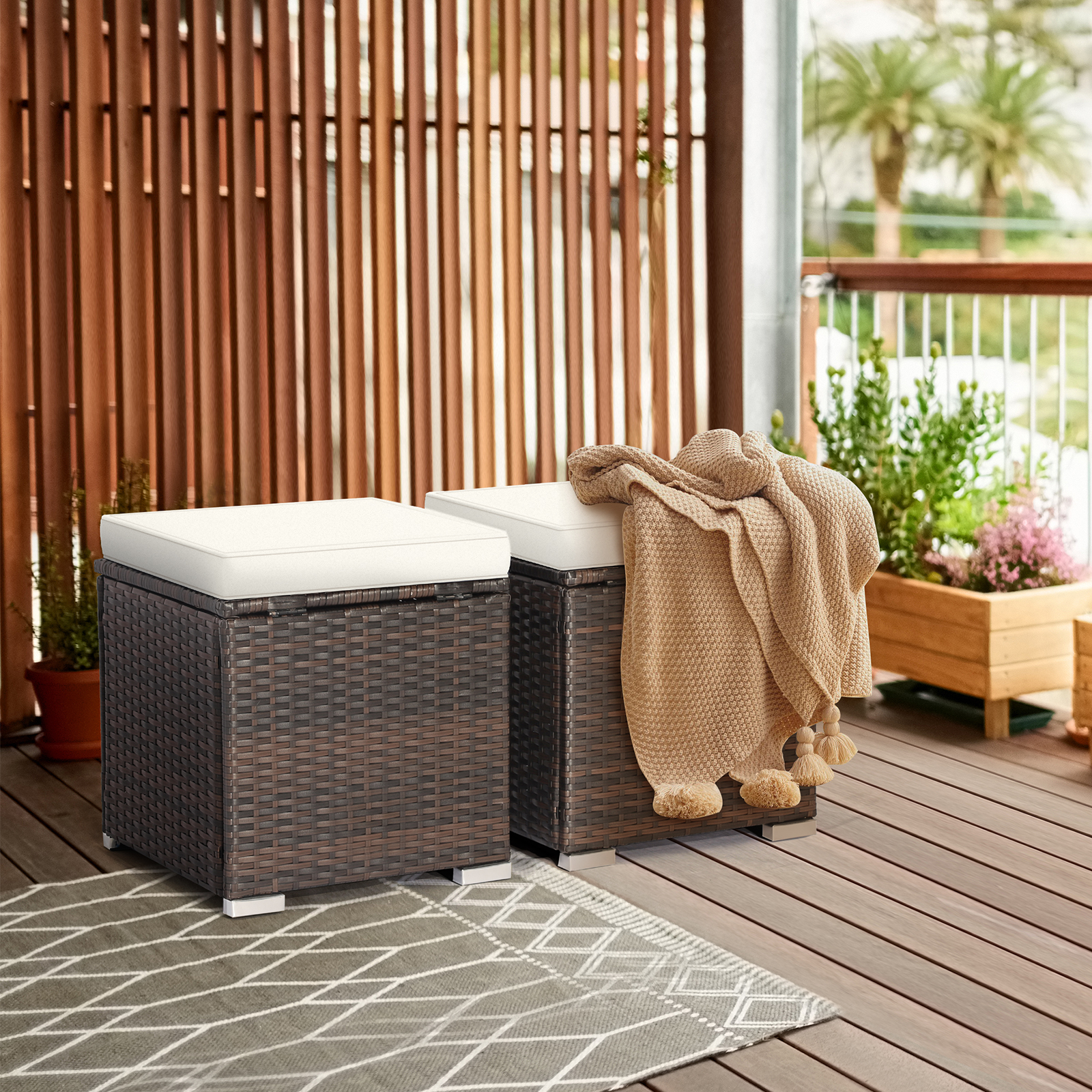 Topbuy 2 Pieces Patio Ottoman Multipurpose Outdoor Wicker Footstool Storage Box Side Table w/ Solid Metal Frame w/ Removable Cushions Off White - image 2 of 7