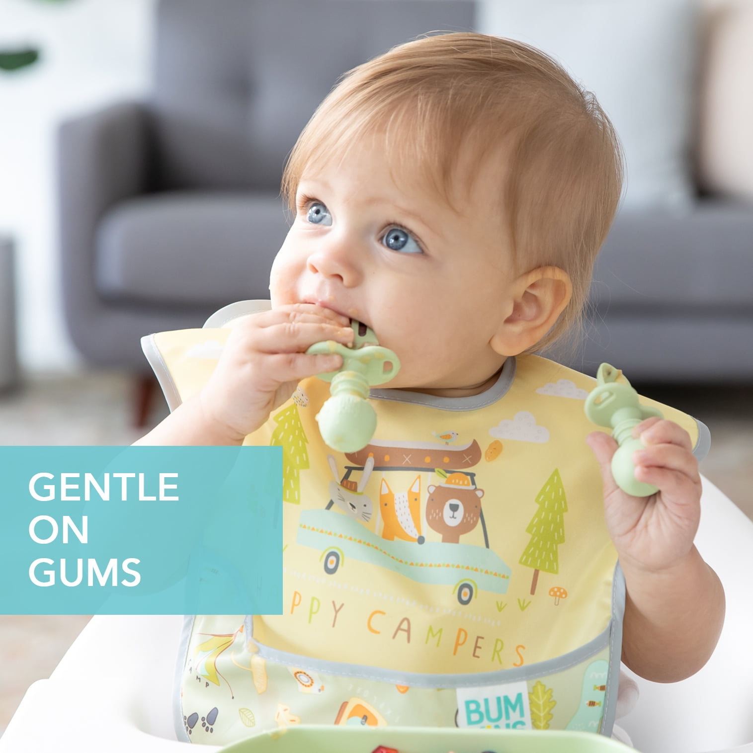 Bumkins Baby Feeding Chewtensils, Training Fork and Spoon Set, Utensils Ages 6 Mos+ Sage