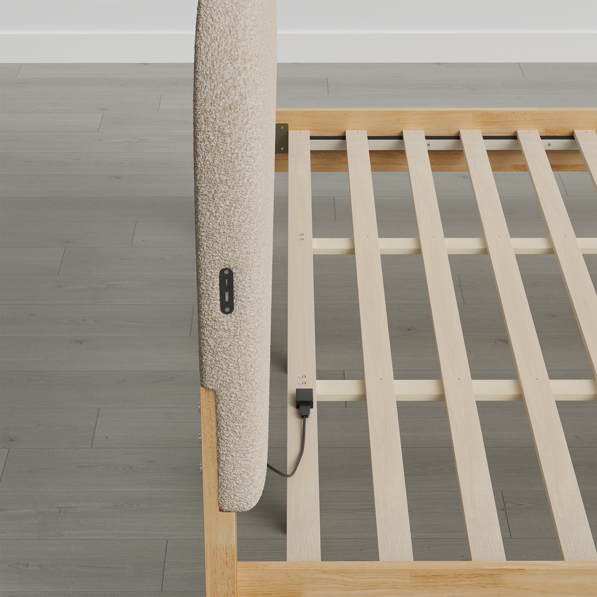 Spruce & Spring Modern King Bed Frame with Bouclé Headboard and Charging Ports, Oatmeal