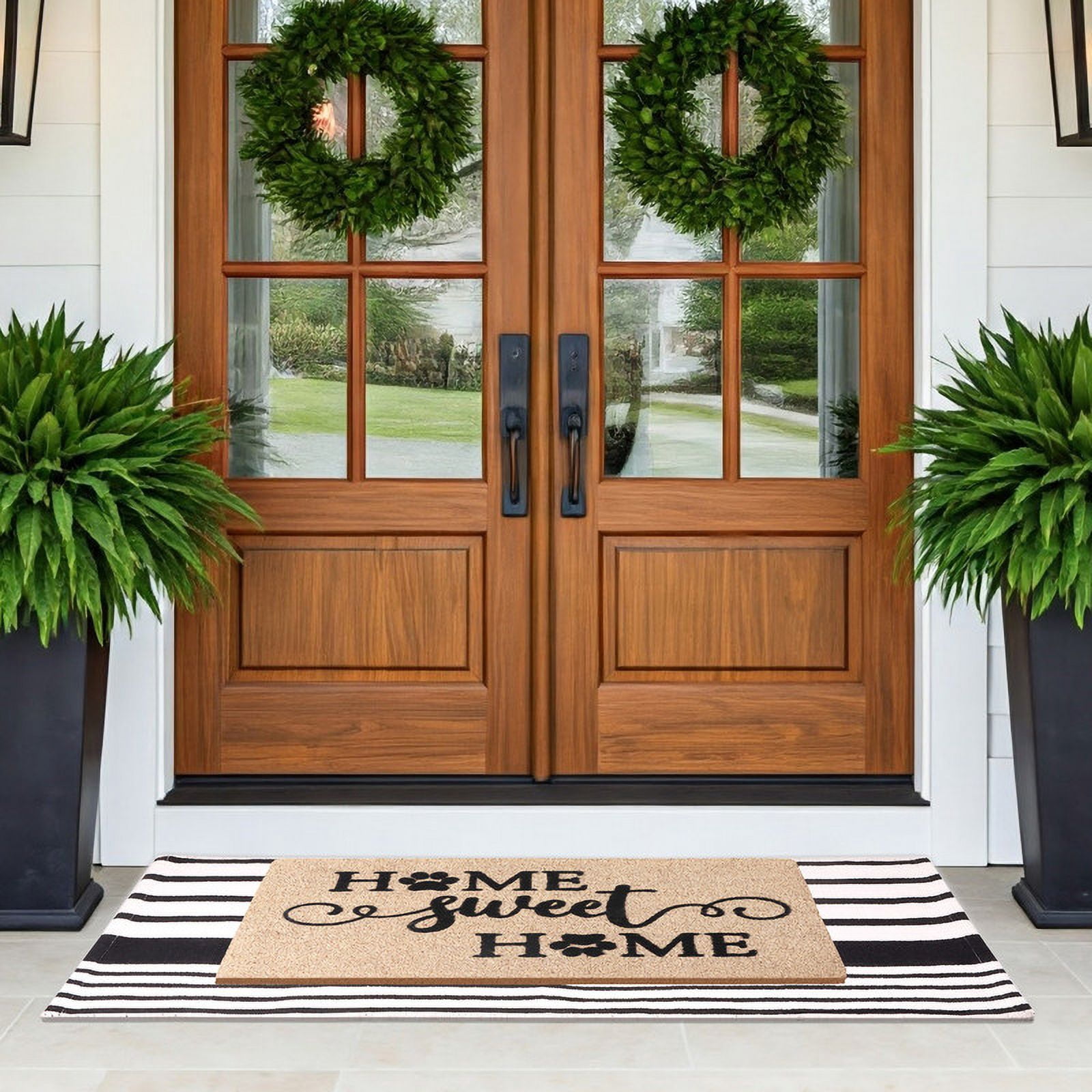 A1HC Coir Welcome Mat and Black & White Striped Cotton Rug Combo Set, 24"x36" & 24"x51", Hand-Woven Washable Entryway Décor
