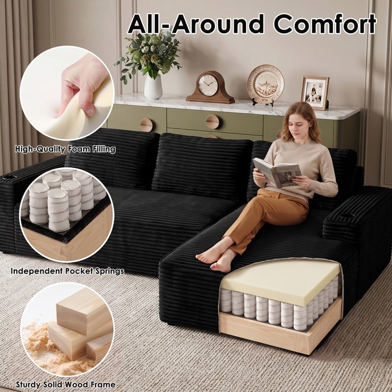 Anpport 104" Boneless Cloud Modular Sectional Couch, Corduroy Sofa with Cup Holders, Side Pockets, Deep Seat, No Assembly Required for Living Room, Black (R‑Shaped, Right Facing Chaise)