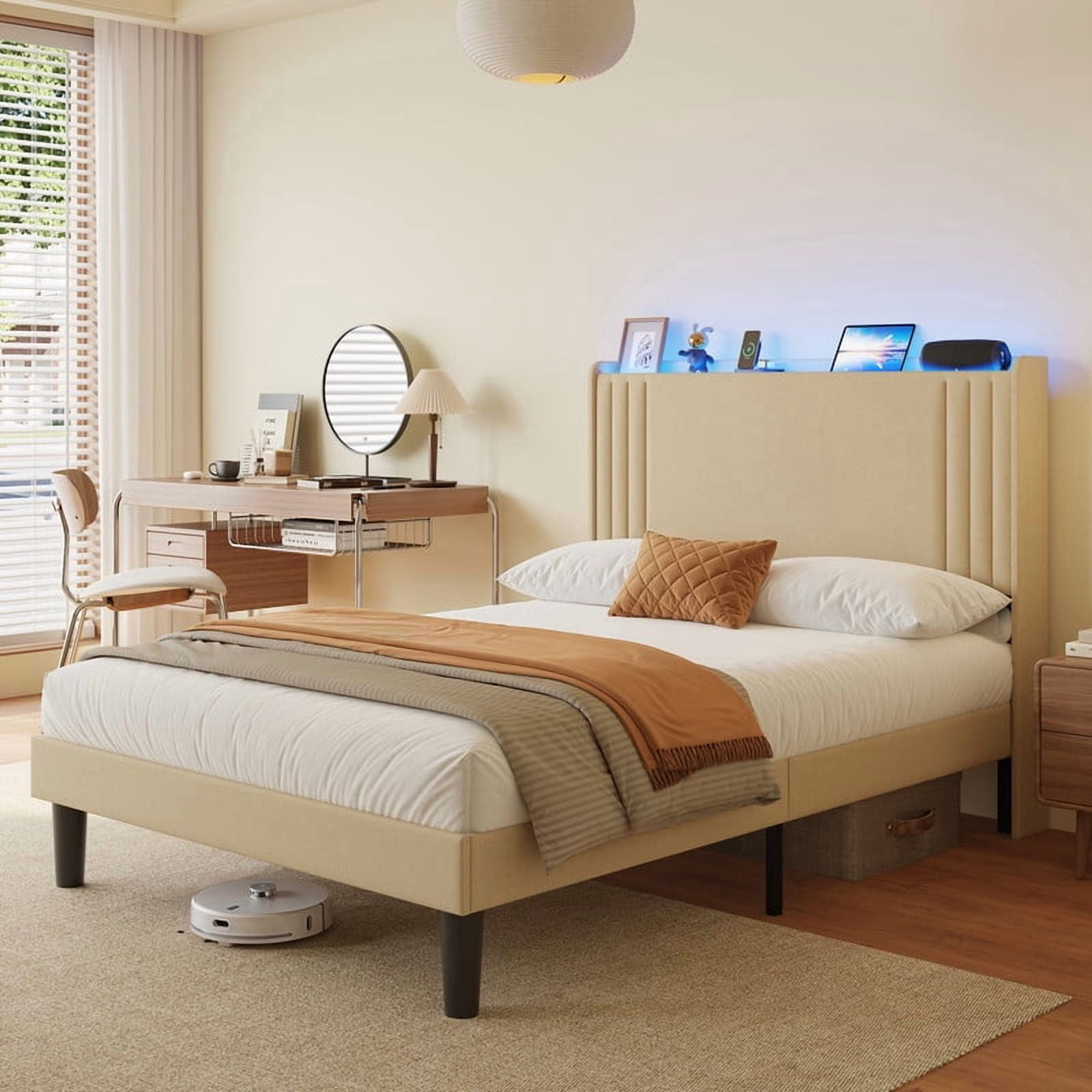 Luxury Wingback Upholstered Platform Bed Frame, Noise-Free & Sturdy, No Box Spring Required, Full Size Bed Beige